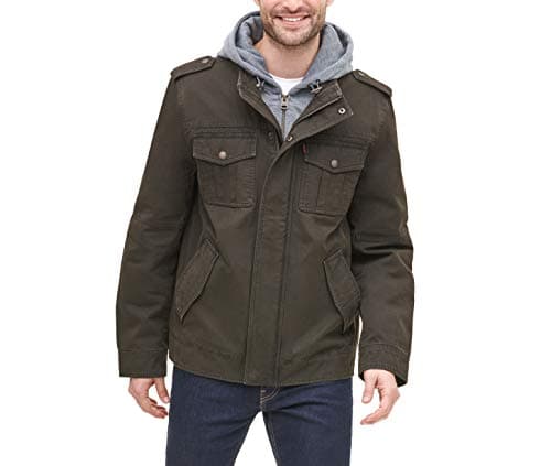 Image of Levi's Men's Washed Cotton Hooded Military Jacket (Regular & Big & Tall Sizes), Dark Brown/Quilted Lining, XL