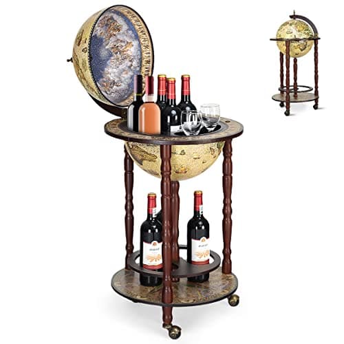 Image of GiantexUK 330MM/360MM Globe Drinks Cabinet, Unique Eucalyptus Wooden Mini Bar Cart with Open Shelves, Retro Movable Whisky Wine Spirits Trolley for Home Restaurant(no Top, 330MM Globe, 45x45x88cm)