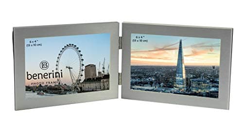 Image of Brushed Aluminium Satin Silver Colour - Twin 2 Picture Horizontal Double Folding Photo Frame - Takes 2 Photos of 6 x 4 inches (15 x 10 cm) (Landscape Style)
