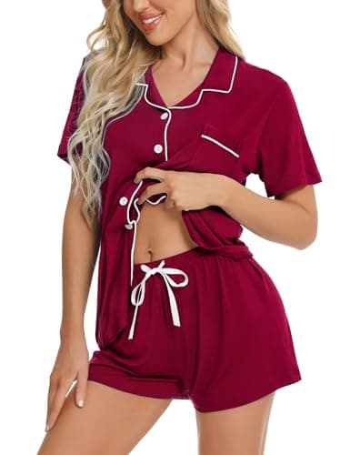 Image of SWOMOG Women's Button Down Pyjama Set V-Neck Short Sleeve Sleepwear Soft Pj Sets M Wine Red