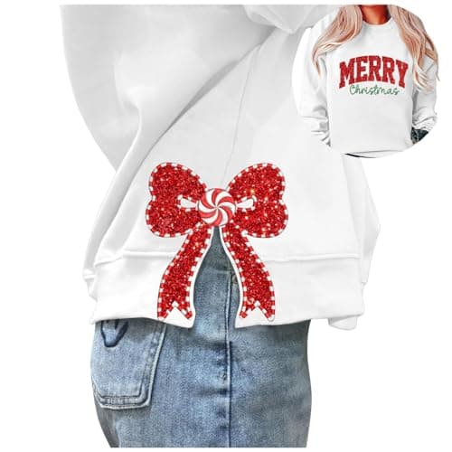 Image of Women's Christmas Sweatshirt with Side Bow Applique, Plus Size, Crew Neck, Long Sleeve Pullover Top Sweat Jacket Without Red, White, M