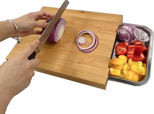Image of Envenzo Wooden Bamboo Chopping Board with Sliding Stainless Steel Tray – Non-Slip Cutting Board for Kitchen Food Prep, Storage and Easy Clean-Up – 35cm x 24cm x 4cm