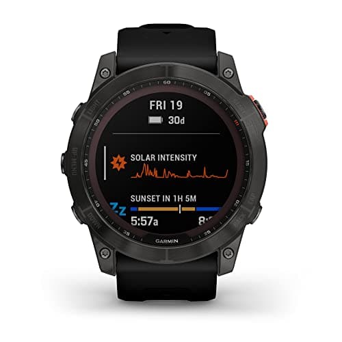 Image of Garmin fenix 7X Solar, Larger sized adventure smartwatch, with Solar Charging Capabilities, rugged outdoor watch with GPS, touchscreen, health and wellness features, slate gray with black band