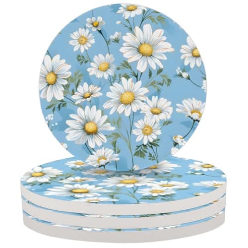 Image of Mintoprints White Daisies Drink Coasters for Coffee Table, Absorbent Ceramic Coaster Set of 2 for Kinds of Cups, Home Decor, 4 Inches