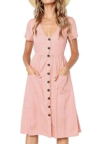 Image of Summer Dresses for Women Casual Midi Dress Short Sleeve Shirt Dress V Neck Button Decoration Swing A Line Tunic Dress with Pockets Size L = UK 12-14 Pink