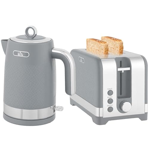 Image of HOMCOM Kettle and Toaster Set, 1.7L 3000W Rapid Boil Jug Kettle with Otter Thermostat, Limescale Filter, 2 Slice Toaster with 7 Browning Controls, Crumb Tray, Grey