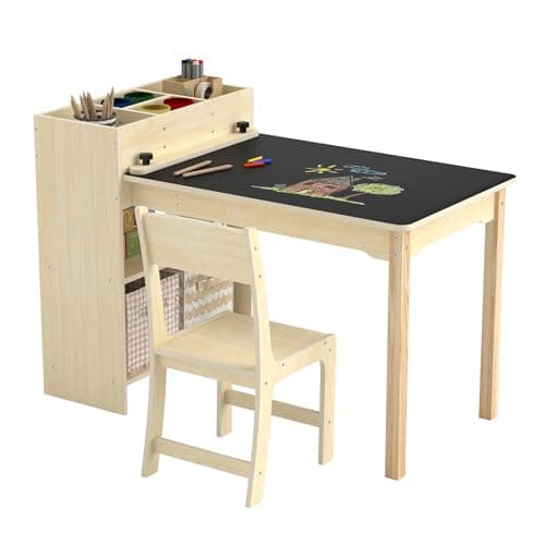 Image of Puecrof Children's Creative Table with Chair Made of Solid Wood - Multifunctional Learning & Play Table with Storage Space for Toddlers from 12 Months | Painting Table for Home with Ergonomic