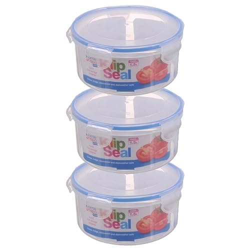 Image of HOMESHOPA Plastic Airtight Food Storage Container, 1.5 Litre 3 Pack Round Leakproof Stackable Container with Clip-Lock Lid, BPA Free Reusable Meal Prep Lunch Box, Microwave Freezer & Dishwasher Safe