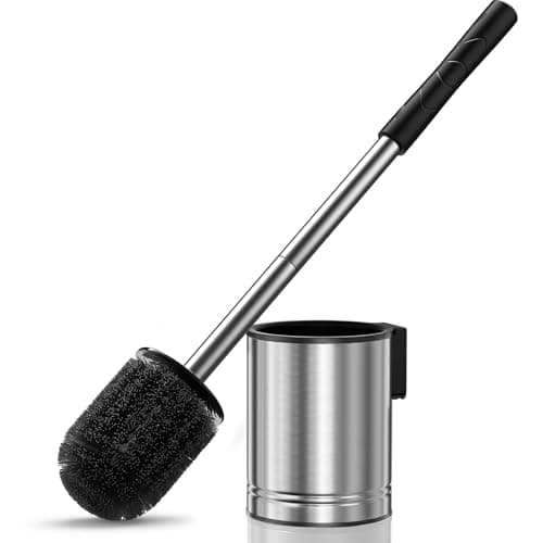 Image of HAMITOR Toilet Brush and Holder Set: Silver Stainless Steel Wall-Mounted Toilet Cleaner Brush for Compact Bathroom – Durable and Space-Saving Loo Brushes for Small Homeowners & Renters, 1 Pack