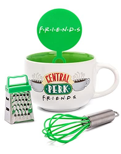 Image of FRIENDS TV Show Mug and Stencil Accessories Set | Central Perk Cappuccino Cup | Coffee Barista Birthday Gifts | White Ceramic Homeware One Size