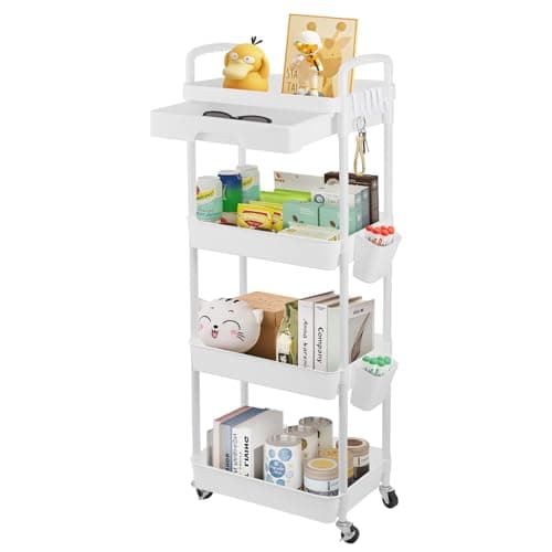Image of Youyijia 5 Tier Vegetable Rack Kitchen Fruit Storage Basket Rotating Square Vegetable Rack with Wheels Movable Kitchen Storage Rack for Kitchen Living Room Toilet Storage (White 4 Tier)