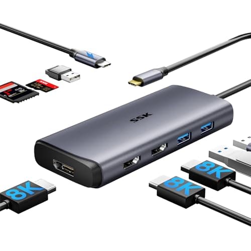 Image of SSK USB C Docking Station 3 Monitors, 9 in 1 Single 8K/Dual 4K60Hz USB C Hub DisplayPort Dock with 2 HDMI Ports,Displayport,100W PD,3 USBs,SD/TF, Laptop Docking Station for Macbook Pro