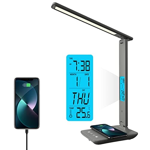Image of poukaran Desk Lamp, LED Desk Lamp with Wireless Charger, USB Charging Port, Table Lamp with Clock, Alarm, Date, Temperature, Office Lamp, Desk Lamps for Home Office, Grey
