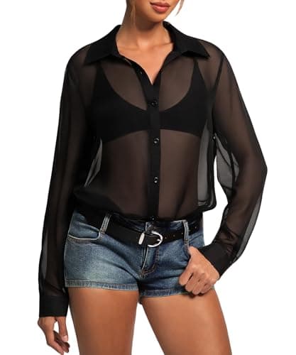 Image of Coloquin Women Long Sleeve Mesh Top See Through Sheer Top Button Up Oversized Shirts Blouse Going Out Tops Black S