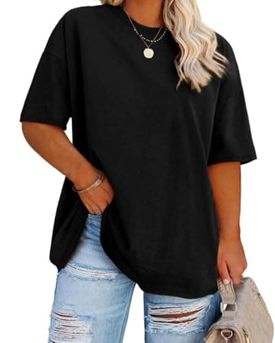 Image of Fisoew Women's Plus Size T-Shirt with V-Neck Short Sleeve Summer Oversize Shirt Basic Loose Top Large Sizes Cotton Tee Tops, 1-Black, 5XL