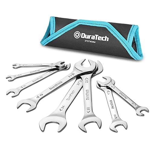 Image of DURATECH 8-Piece Double Open End Spanner Set 5.5 mm-27 mm, Super-Thin Open Ended Wrench Flat Spanner Set for Narrow Space, Carbon Steel, Mirror-Chrome Plated, Metric, with Roll-up Pouch
