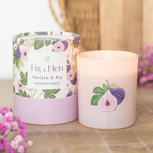 Image of Fig & Hen Vanilla & Fig Scented Candle, Pink Glass Jar with Fig Illustration, 28-Hour Burn Time, Paraffin Wax