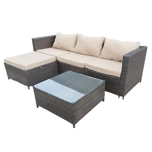 Image of COZYBRITE Garden Furniture Rattan Corner Sofa Set with Glass Coffee Table Ottoman for Patio Outdoor Lounge All-weather SFS066 (Mix Dark Natrual Brown+Brown Cushion)