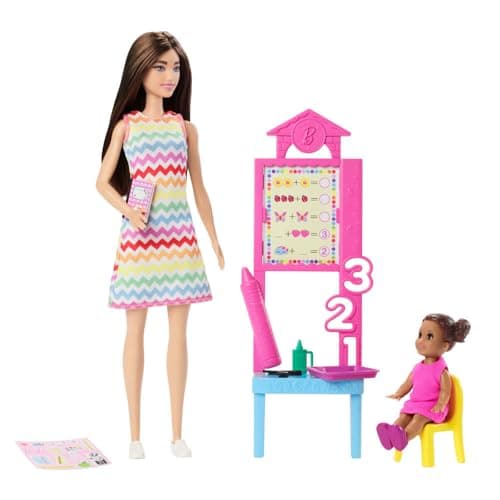 Image of Barbie Teacher Doll with Brunette Fashion with Printed Dress, 1 Toddler, & Teaching Accessories, JCR76