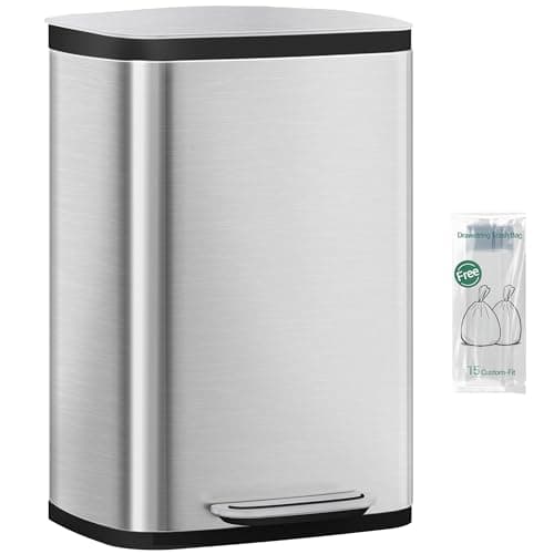 Image of Hzuaneri Kitchen Bin 50 L, Pedal Bin with Soft-Close Lid, Stainless Steel Rubbish Bin with Handle, Removable Inner Buckets, 15 Inner Buckets, Silver SW15099E
