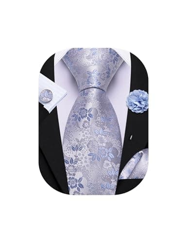Image of Barry.Wang Dusty Blue Silver Tie with Flower Lapel Pin for Men Floral Silk Necktie Pocket Square Cufflinks Set Formal Wedding Party Business
