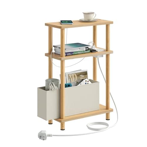 Image of APICIZON Narrow Side Table, 3 Tier Bed Side Table, Slim End Table with Charging Station, for Living Room, Bedroom, Small Nightstand with Magazine Rack, Oak(with a storage box and charging station)