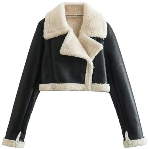 Image of TURWXGSO Short Winter Jackets for Women UK Fleece Lined Shearling Short Length Biker Jacket Zip Up Faux Leather Trim Casual Cropped Cardigan Coats Motorcycle Outerwear