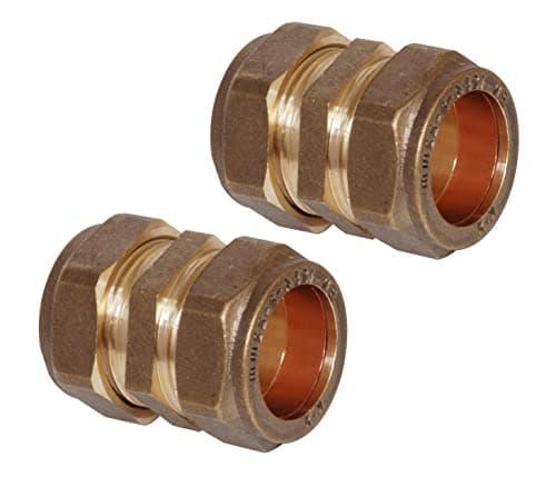 Image of Pipestation 15mm Compression Straight Connectors (2 Pack) | Brass Plated Compression Joint Plumbing Fittings for Copper Plumbing Pipe Connectors | Compressions Plumbers Pipe Fitting - Easy Install