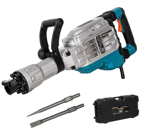 Image of KATSU Tools 1700W Demolition Hammer Breaker, 60J Impact Force, 1900bpm, Anti-Vibration, Multi-Position Side Handle, Pointed & Flat Chisels, Carry Case, Model 101107