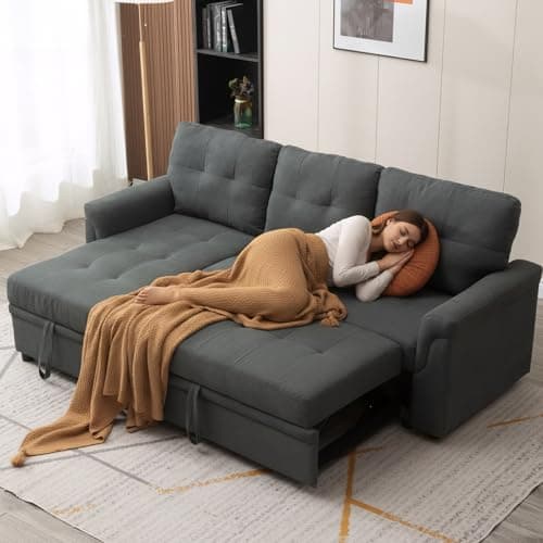 Image of Panana 3 Seater Universal Sofabed, Pull Out Sleeper Corner Couch Bed with Storage Chaise. Black Faux Leather (Gray Linen Fabric #2)