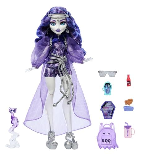 Image of Monster High Spectra Vondergeist Doll with Pet Ferret Rhuen and Accessories like Backpack, Tablet, Snacks and More, HXH77