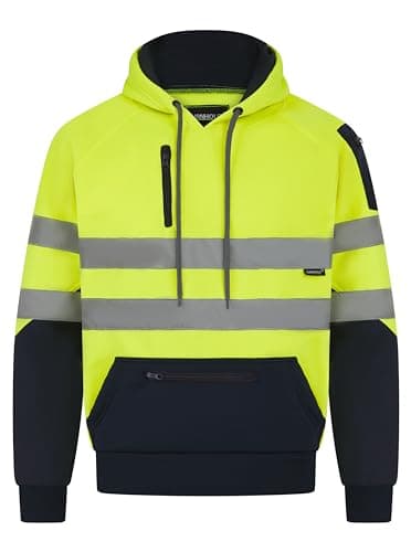 Image of LABEL APPAREL Hi Vis Mens Hoodie Reflective Tape Pullover Winter Hooded Jacket Warm Safety Security Workwear Jumper For Men UK -Yellow/Navy - L
