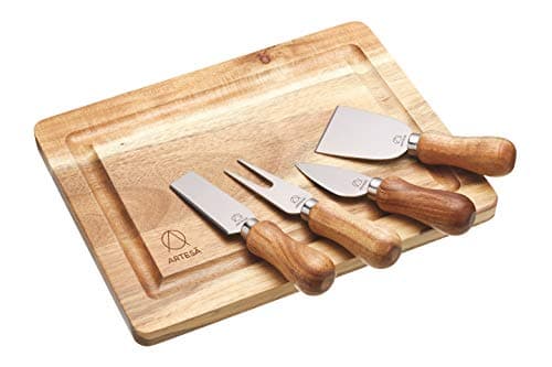 Image of Artesà Wooden Cheese Board and Knife Set in Gift Box, Acacia, 5 Pieces, Brown/Silver