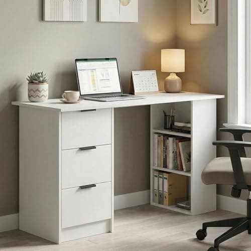 Image of Home Source Phoenix 3 Drawer Computer Desk with Open Shelves, Home Office, 120W x 49D x 72H cm, Grey or White, Particleboard and MDF, Scratch-Resistant