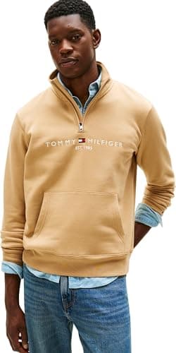 Image of Tommy Hilfiger Men’s Logo Mock Neck Zipped Sweatshirt with Kangaroo Pocket, Beige (Timeless Camel), XL