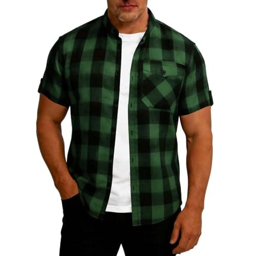 Image of Gubsssl Flannel Shirt Men Short Sleeve Checked Shirts Plaid Top Button Down Shirt Summer Top with Pocket Western Inspired Clothes Regular Fit Workwear Fashion Clothing Business Wear Army Green L
