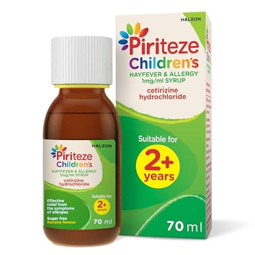 Image of Piriteze Children’s Hayfever & Allergy Syrup. Sugar free, banana flavour syrup containing cetirizine (antihistamine). 2 years+, 70ml