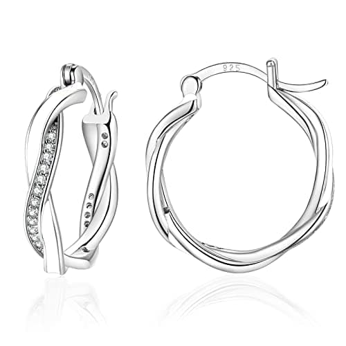 Image of Sfoni Silver Hoop Earrings for Women, Hypoallergenic Sterling Silver Twist Hoop Lightweight Small Sleeper Huggie Hoops with Cubic Zirconia Birthday Christmas Gifts, 15mm White Hoops