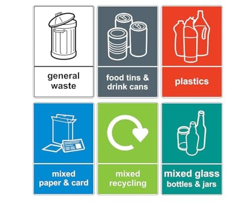 Image of K Smart Sign | Mixed Pack of 6 Multi Recycling Stickers for indoor and outdoor Bins (A6-100 x 150mm) Waterproof Recycling Stickers Waste, Food, Plastics, Mixed paper and Card, Mixed Glass and General