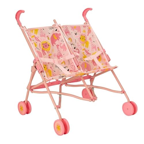Image of BabyBoo Twin Stroller | Childrens Double Stroller Pram In Pink Jungle | Tandem Pushchair For Childrens Baby Doll | Toy Umbrella Fold Stroller | Role Play Toy Dolls Buggy Pushchair | Ages 3+