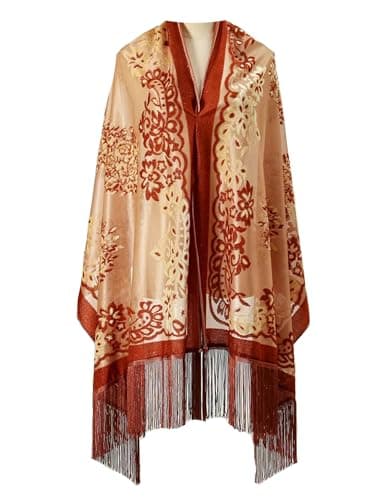 Image of Peacock Velvet Shawl with Fringe Beaded Shawl for Women Peacock scarf Handmade Beading Indian Wraps for wome Tassel, Camel-c, One Size