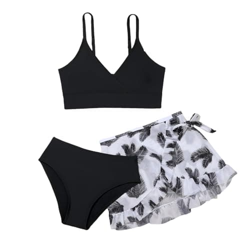 Image of LYZOURBB Teen Girls 3PCs Swimsuit Costume Bathing Suits Bikini Set Adjustable Bikini Top with Floral Cover Up Skirt for 8-14Years Black