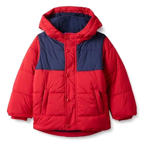Image of Amazon Essentials Boys' Heavyweight Hooded Puffer Jacket, Navy Red Colour Block, 5 Years