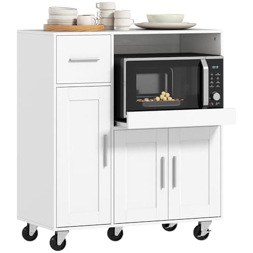 Image of HOMCOM Rolling Kitchen Cart, Microwave Cabinet, Sliding Tray, Drawer, 3-Door Cupboards, Adjustable Shelf, Open Compartment, Kitchen Island, Dining Room, White