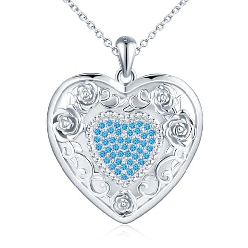 Image of MICMIF 925 Sterling Silver Rose Flower Heart Locket Photo Necklace for Women Girls Vintage Heart Pendant Openable for 2 Pictures Personalised Lockets with Cubic Zirconia in White/Purple/Blue