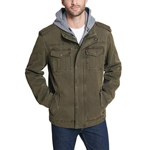 Image of Levi's Men's Washed Cotton Hooded Military Jacket (Regular & Big & Tall Sizes), Olive/Quilted Lining, M