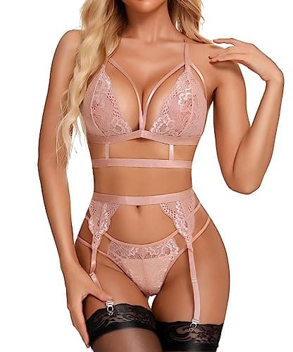Image of RSLOVE Sexy Lingerie for Women Floral Lace Bra and Panty Set 3 Pieces with Garter Belt Pink Large