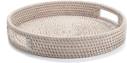 Image of 30cm Round Rattan Tray, Woven Serving Tray with Cut - Out Handles, Wicker Serving Basket by YANGQIHOME, Whitewash