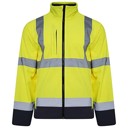Image of Shop Online Hi-Viz High Visibility Softshell Jacket Light Weight Fleece Lining Drawstring Hem Multi Zip Pockets Two-Tone Coat (Yellow/Navy, M)