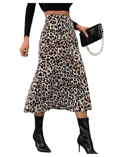Image of GORGLITTER Women's Leopard Print A Line Flowy Midi Skirt High Waisted Casual Long Skirts Brown XL